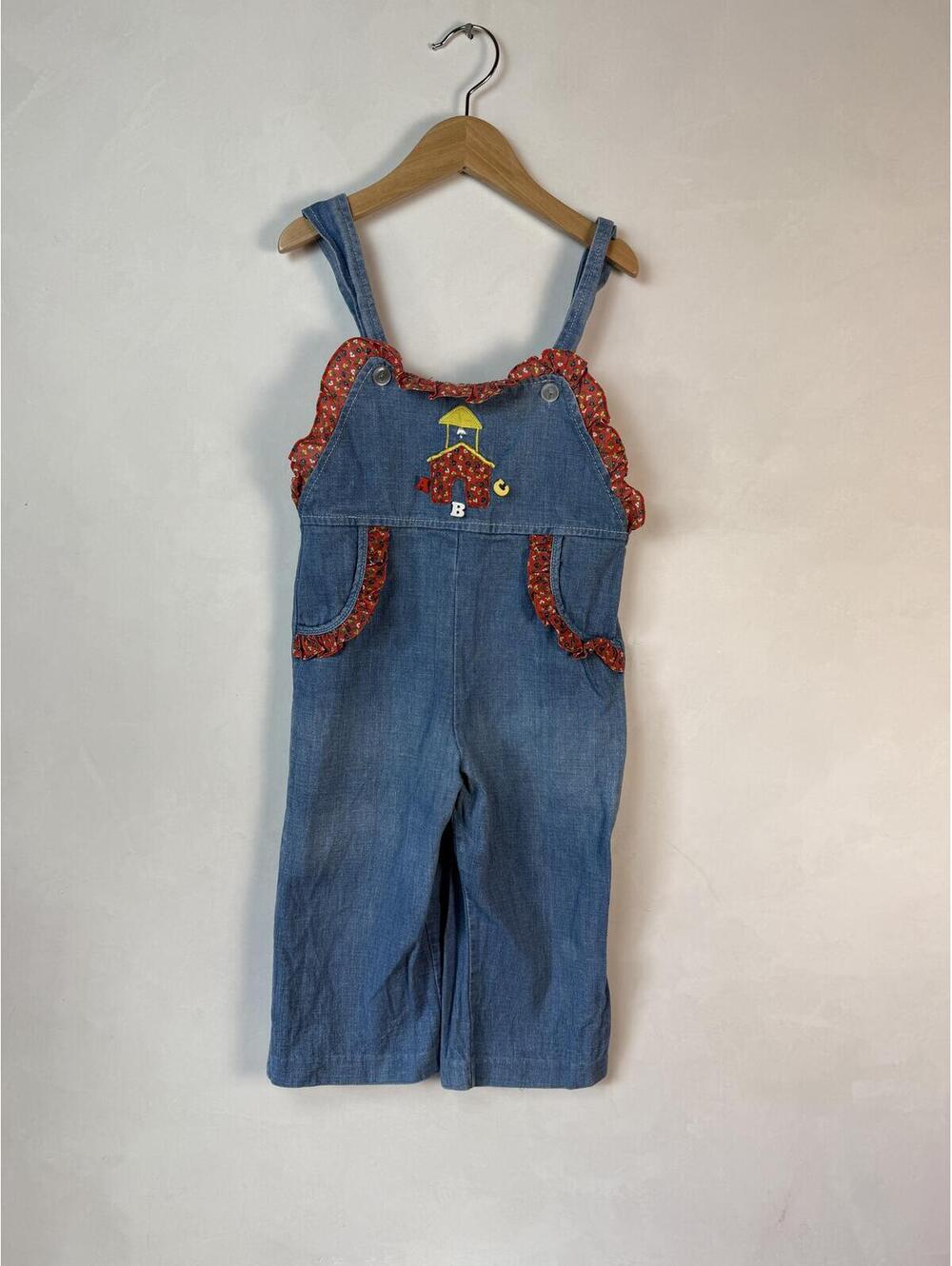 Vintage Cotton Kids Denim Overalls with Red Floral Trim